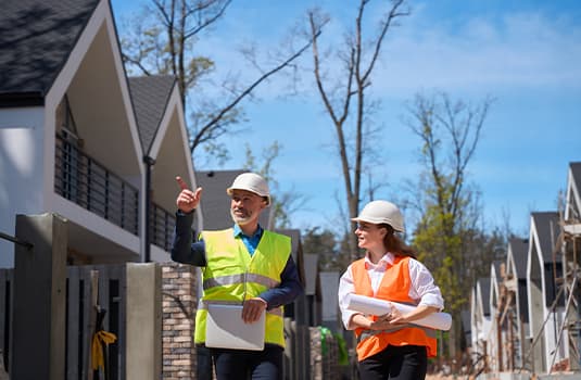 Supervisor inspecting construction site, pointing at some construction nuances